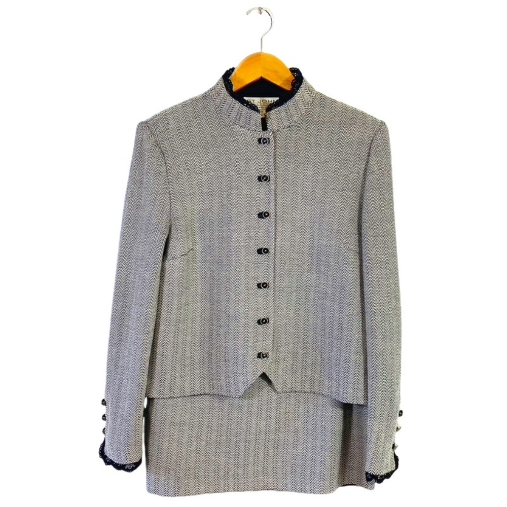 St. John Collection Black and White Herringbone Knit Skirt Suit - Size 12
